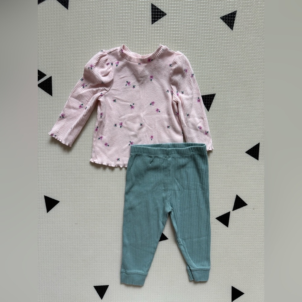 Cloud island|Baby girl outfit,Floral Pink long sleeve Top & Teal ribbed Leggings